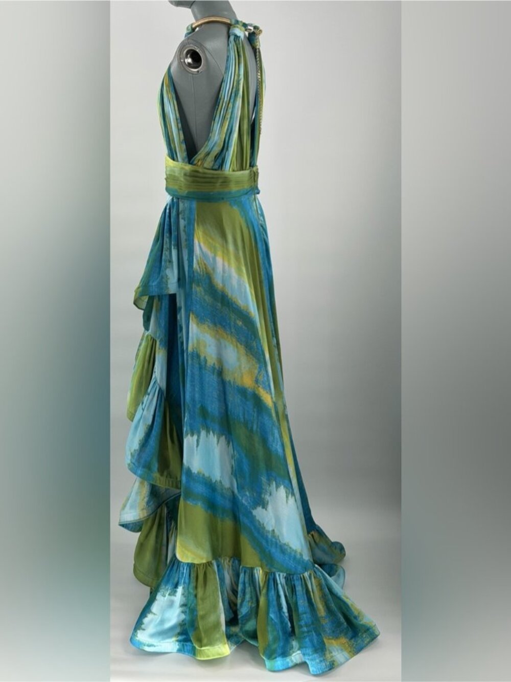 🆕 BRONX & BANCO 🧿 NWOT Palma Coastal Ruffle Hi-Low Gown, Blue Green, Sz L US 8 - Picture 7 of 16